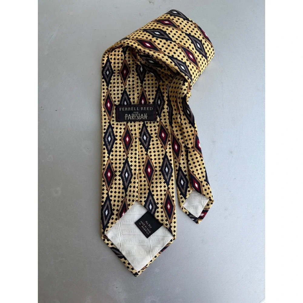 Ferrell Reed Parisian Mens Silk Tie Gold Geometric Diamond Handmade USA